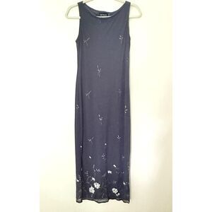 VTG Denial 90s Gray Floral Hem Sleeveless Chiffon Maxi Dress Whimsigoth  Sz L